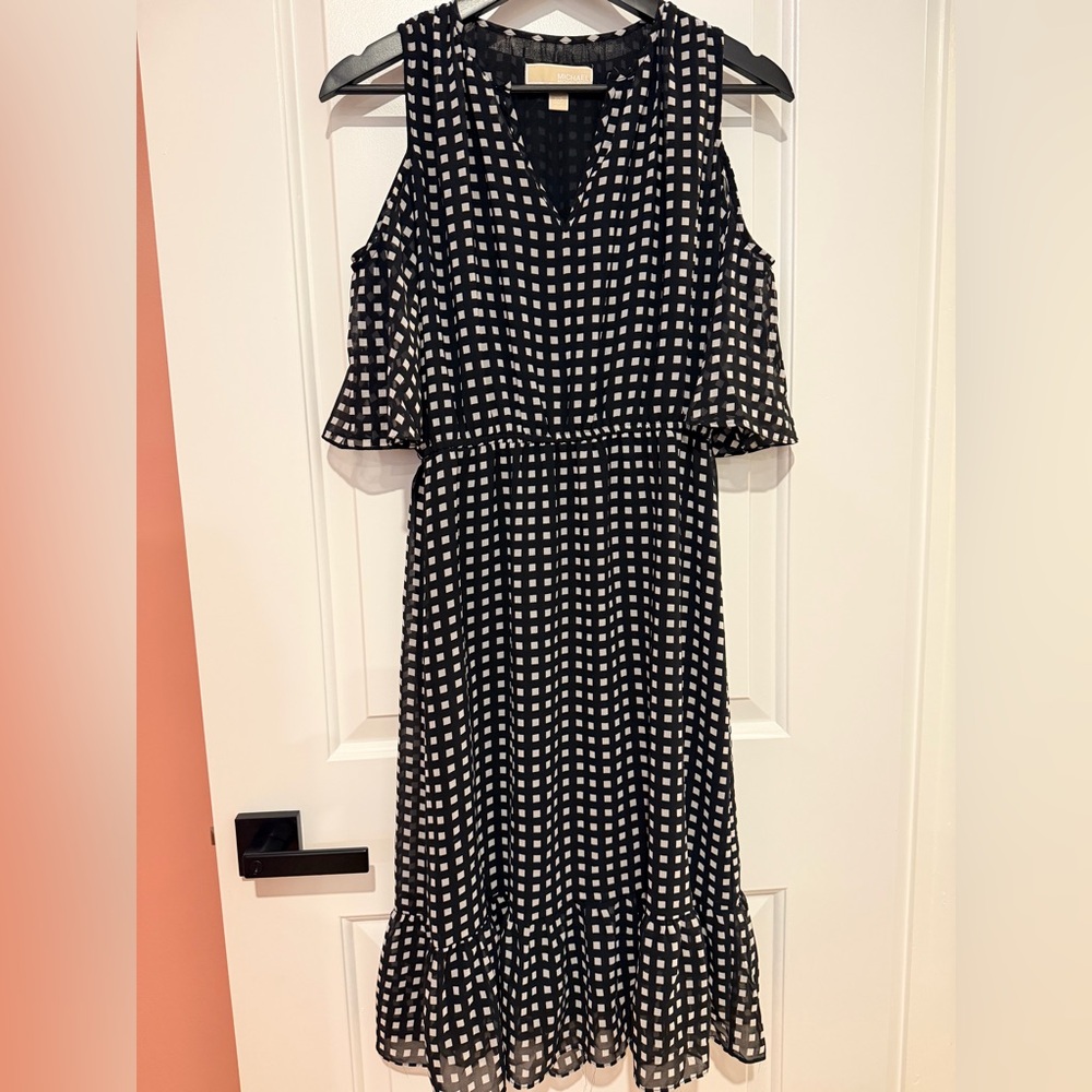 Michael Kors Black and White Gingham Midi Dress